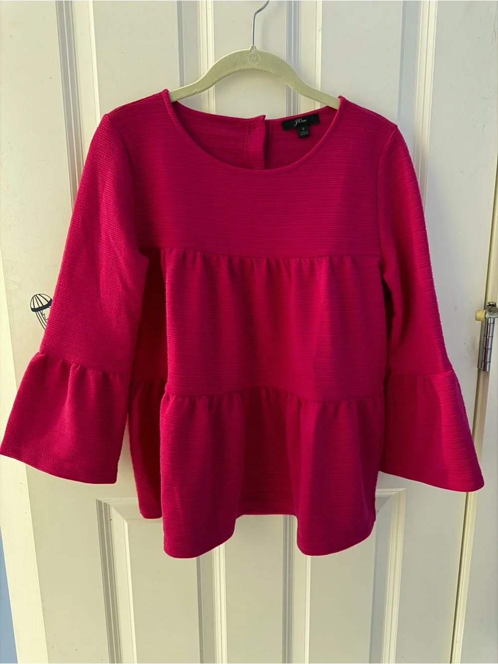 J. Crew Women’s Bright Pink Ribbed Tiered Bell-Sleeve Top